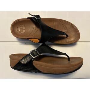 FitFlop Skinny Deluxe Thong T-Strap Sandals Black Leather Women’s 8 549-001